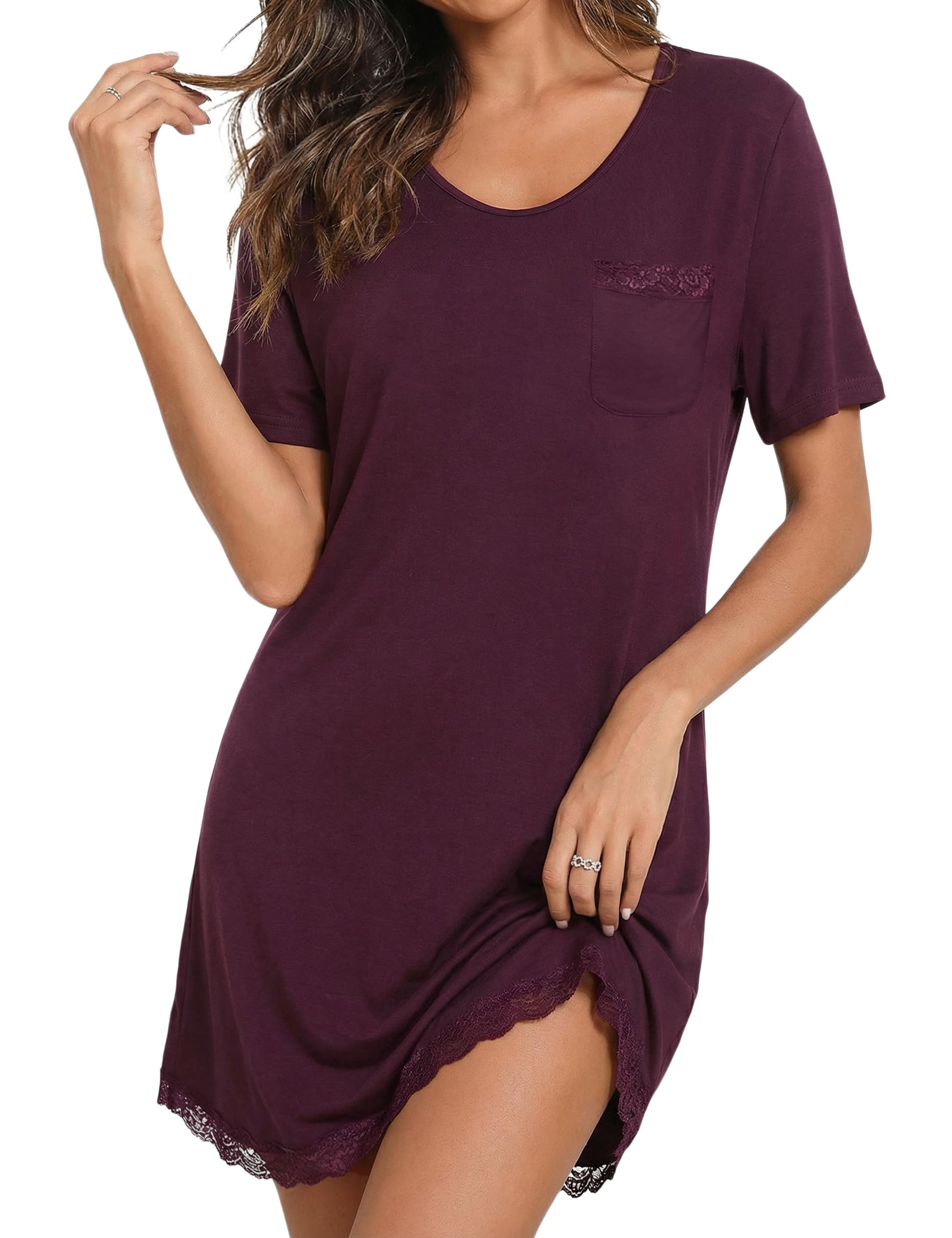 Demegimi Nachthemd Damen Schlafshirt Baumwolle Sexy Spitze Negligee Sleepshirt Kurzarm Nachtkleid V-Ausschnitt Nachtwäsche