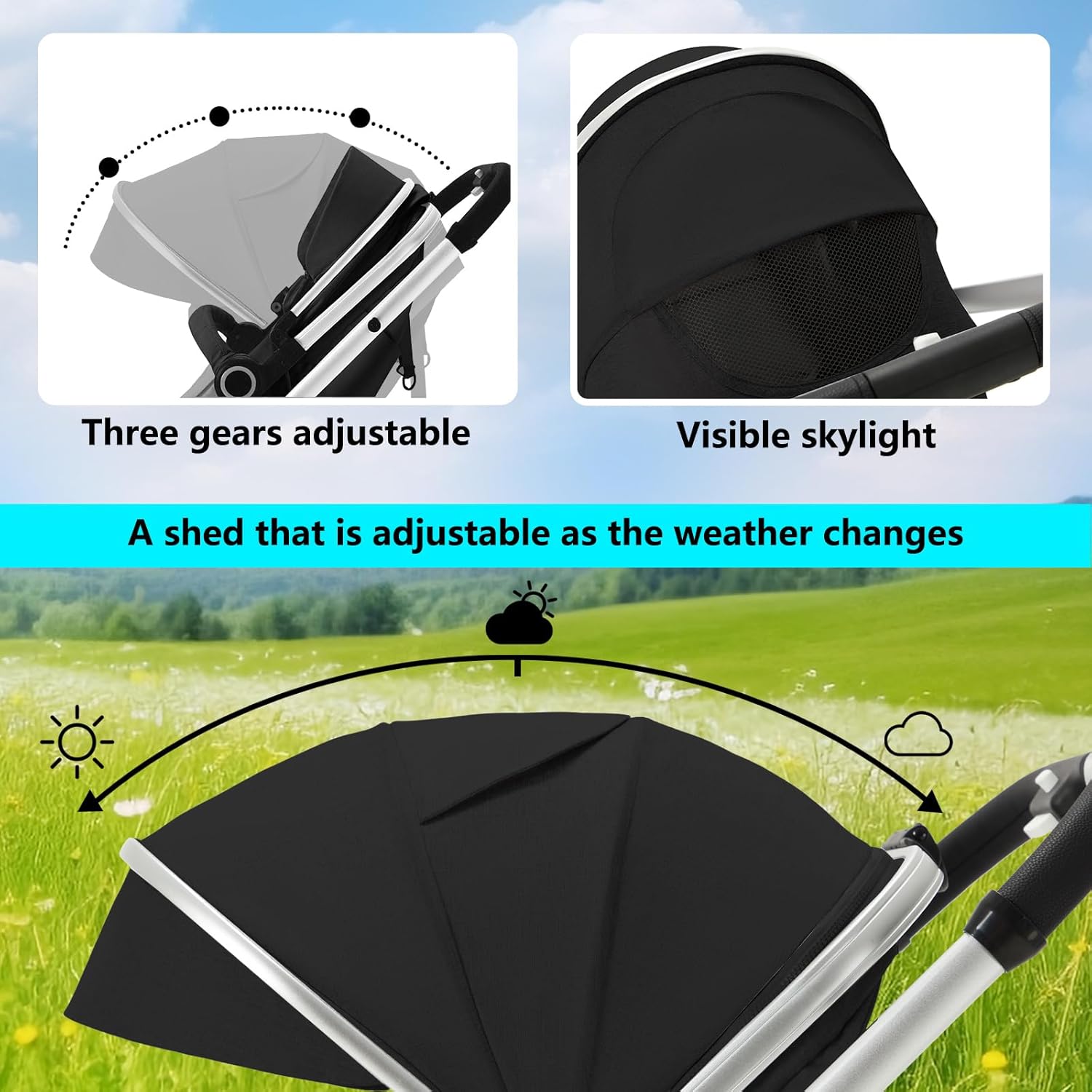 Adjustable canopy and visible skylight on stroller
