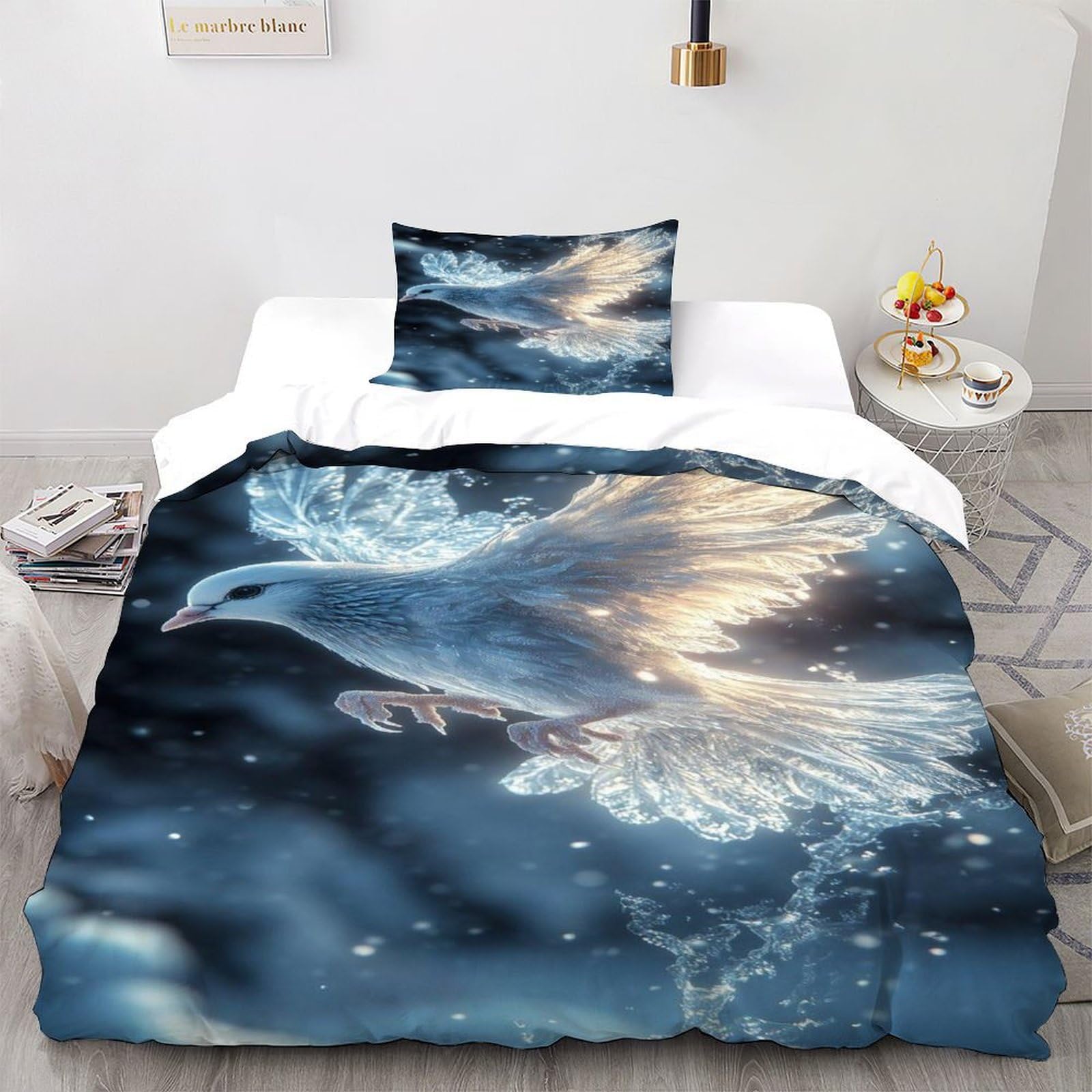 Housse de couette oiseau 135x200cm avec taie d'oreiller en microfibre