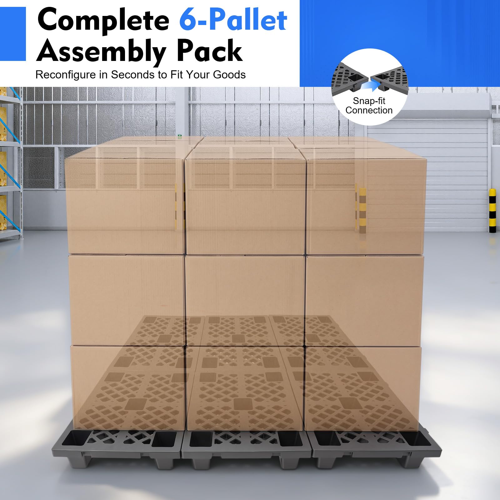 Set di 6 pallet in plastica da 60 x 40 x 10 cm, con giunto | Portata 100 kg per pallet, impilabile e bloccabile, superficie antiscivolo, piedini per stabilità