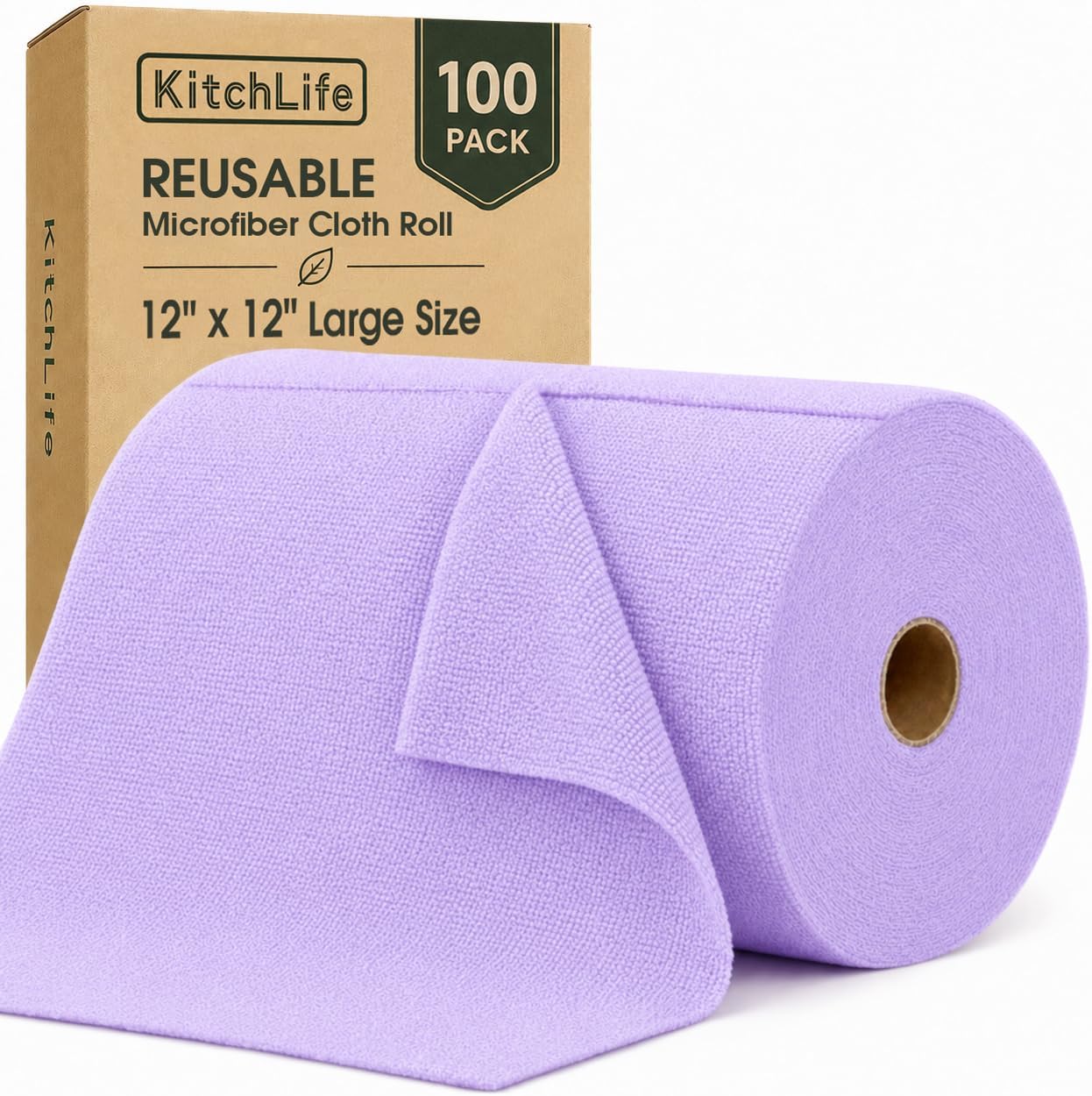 Microfiber Cleaning Cloth Roll, 100 Pack, 12 x 12 Inch Tear Away Reusable Paper Towels, Thick Cleaning Towels, Absorbent Lint Free Washable Rags for Kitchen, Car, Garage and Workshop - Light Purple