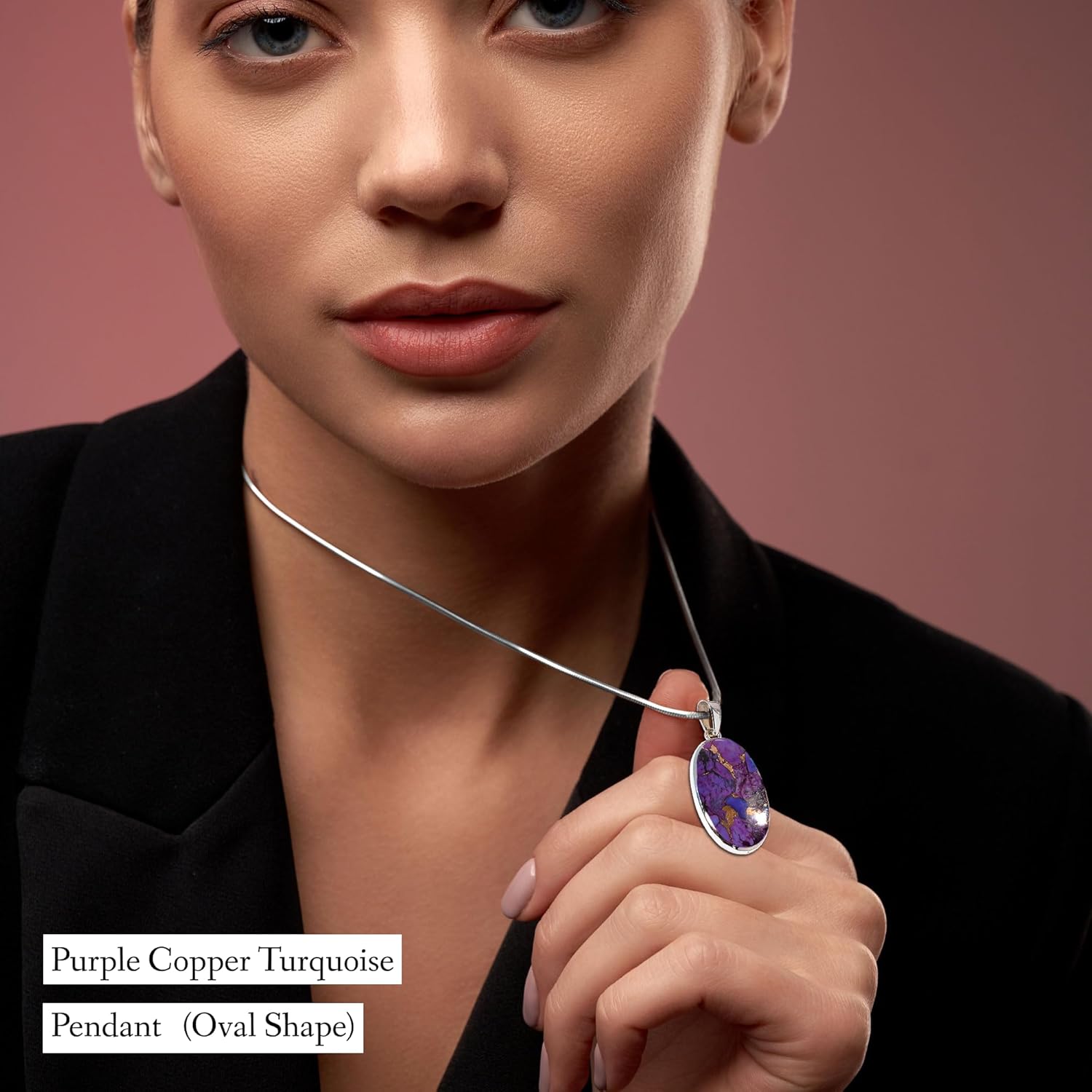 NANDARANI Purple Copper Turquoise Pendant for Women – 925 Sterling Silver Handmade Jewelry, Boho Gemstone Necklace, Unique Gift- Oval Shape - Image 3