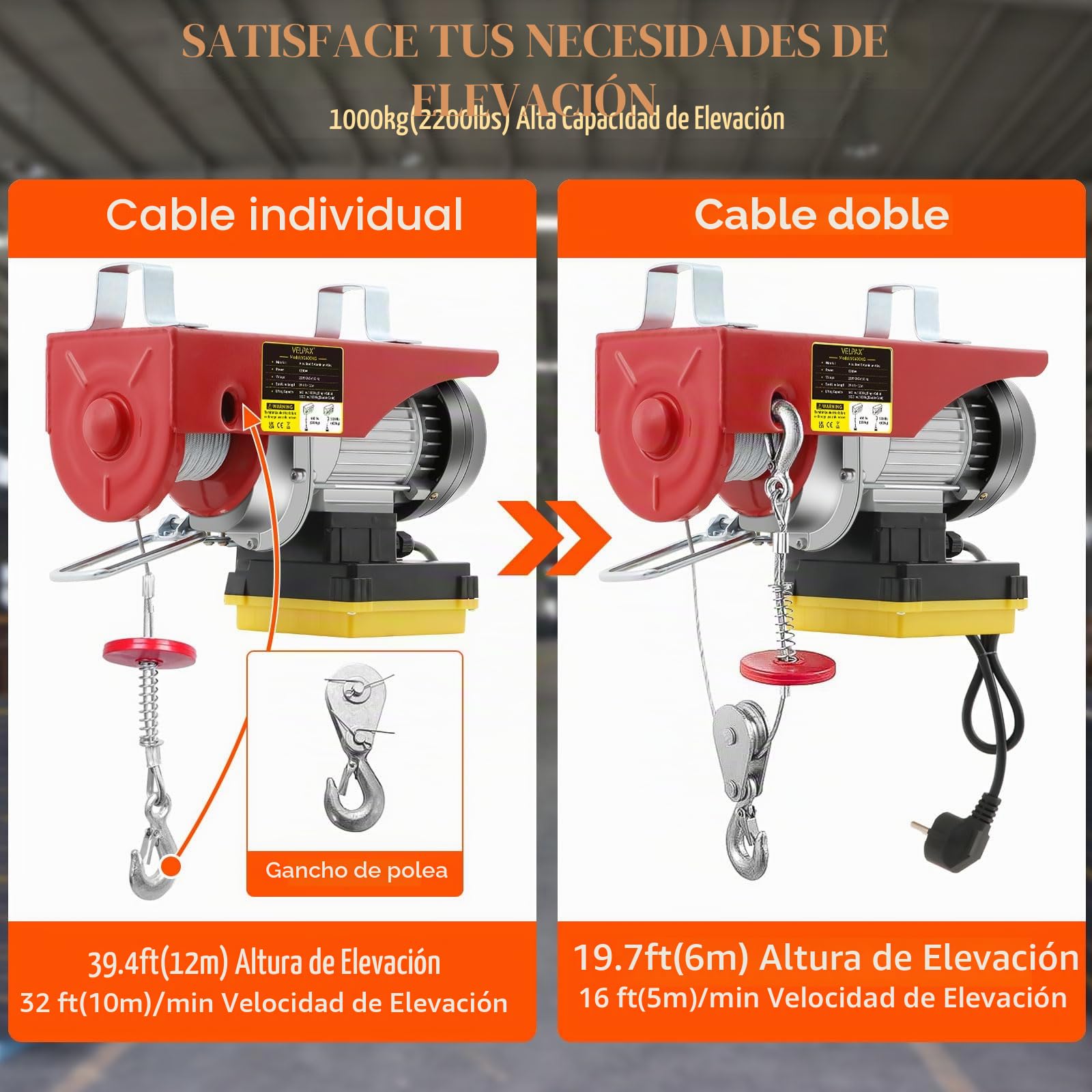 Polipasto Eléctrico, Capacidad de Elevación de 1000 kg, Torno de Cable de 12 m, Elevador Electrico 1600 W, Velocidad de Elevación de 10 m/min, con Mando a Distancia