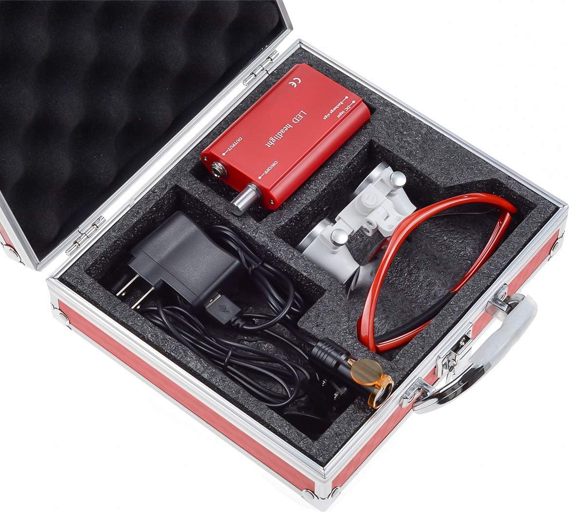 Lab 2.5X420mm Binocular Loupe & 5W LED Headlight Clip & Red Aluminum Box DY-008