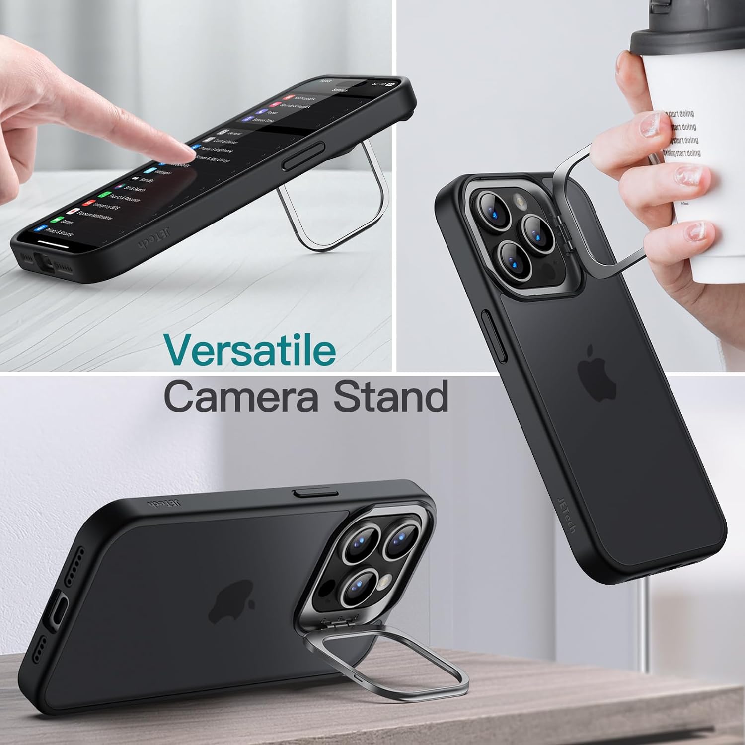 JETech Kickstand Case for iPhone 15 Pro Max 6.7-Inch, Built-in Adjustable Camera Stand, Military Grade Drop Protection, Frosted Translucent Matte Back Shockproof Phone Cover (Black Titanium) - Image 6