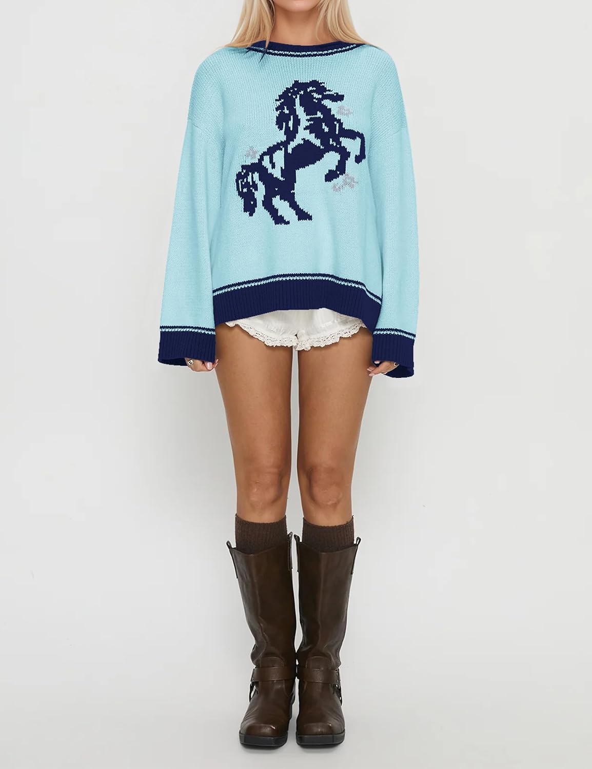 Crew Neck Oversized Sweater for Women Y2k Long Sleeve Sweaters Horse Graphic Knit Pullover Trendy Fall Sweater 2026 Blue - Image 5