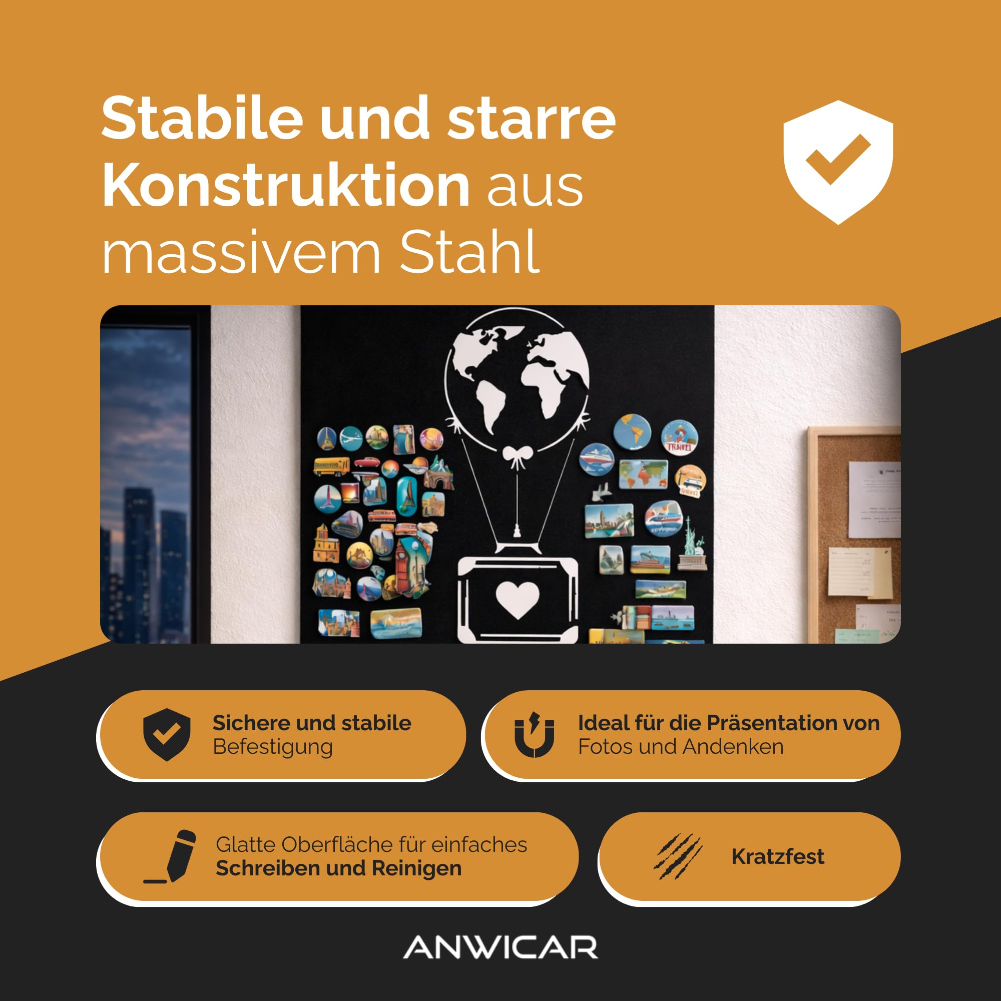 Magnettafel für Erinnerungen Koffer Schwarz 74x49 cm | Magnetisches Stahlboard für Magnete, Fotos und Notizen, Beschreibbar, Montageset inklusive