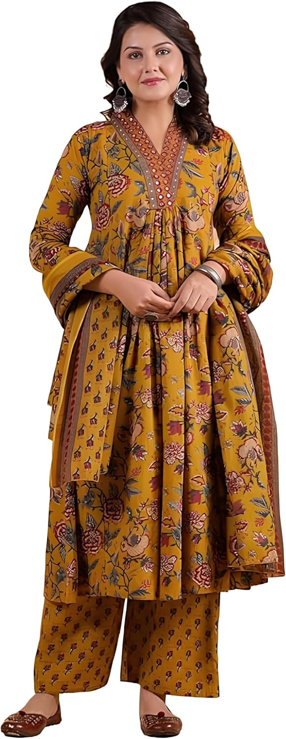 Women'S Floral Printed Stitched Straight Ethnic Kurta Palazzo With Dupatta - Indian Ethnic Traditional Wear Kurta Set
