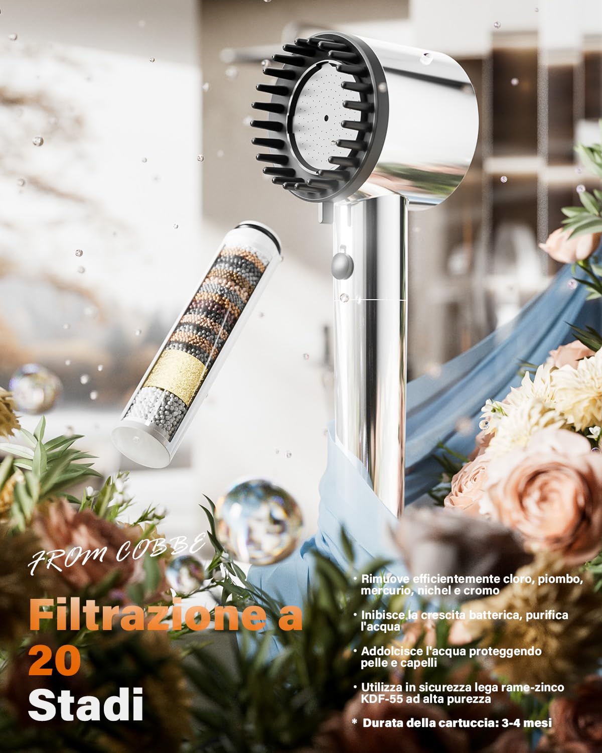 Cobbe Testina Doccia con Filtro, Doccetta Alta Pressione con Filtrazione a 20 Strati, 5 Modalità Getto con Tubo da 1,5M, Soffione Risparmio Idrico per Acqua Dura, Cloro Residuo e Batteri (Cromo)