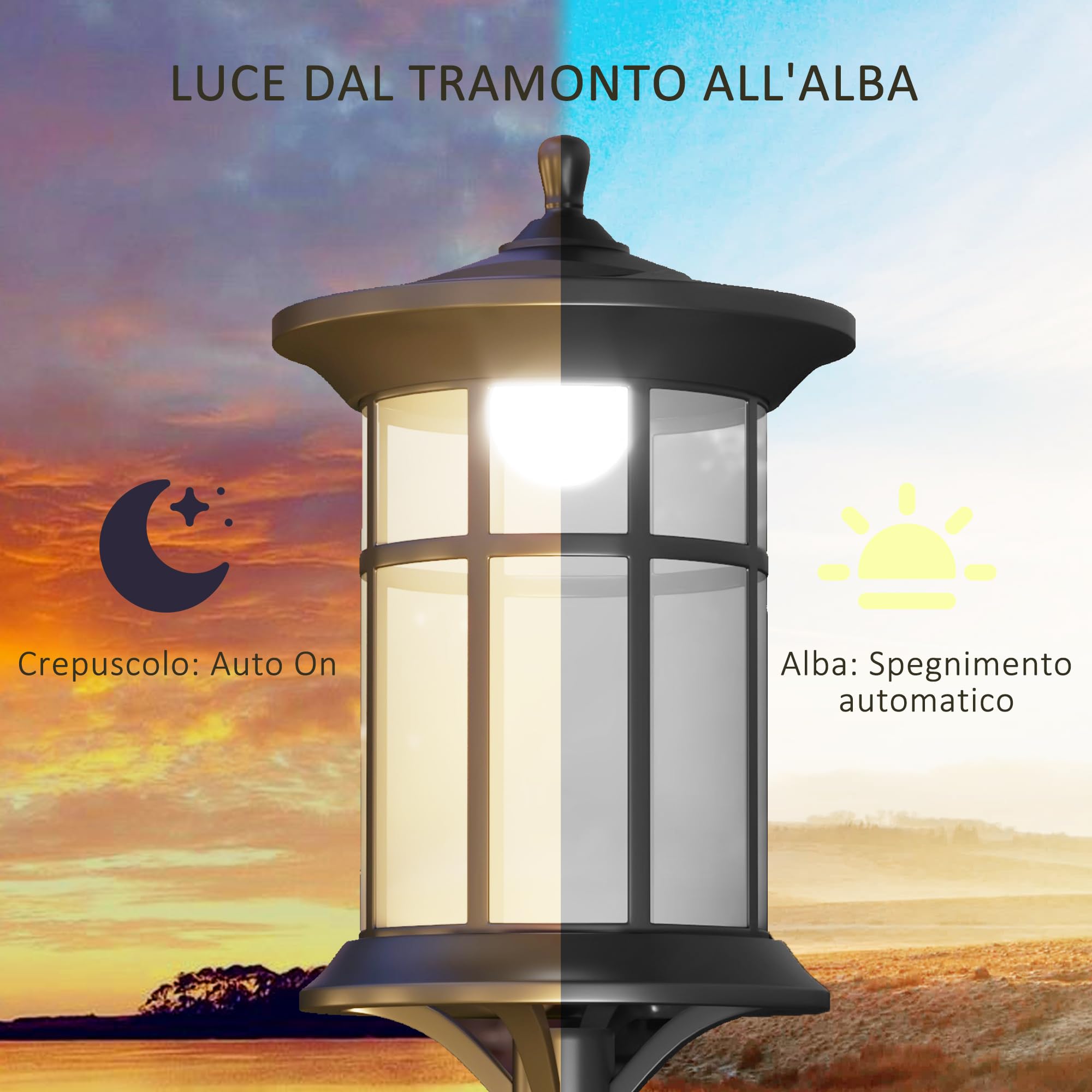 Outsunny Lampione Solare da Giardino Alto 184cm, Lampioncino da Esterno LED Grado di Protezione IP44, Nero