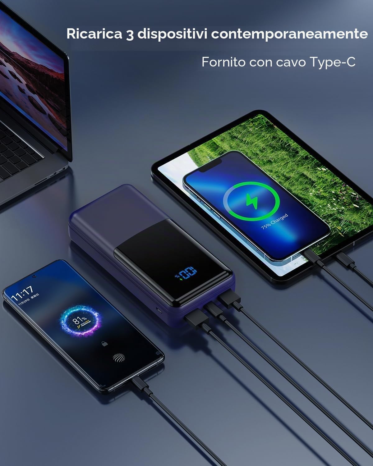 Coblob Power Bank 27000mah, Caricatore Portatile Usb C Powerbank Ricarica Rapida PD30W QC4.0, Batteria Esterna per Cellulare con 2 Ingresso & 3 Uscita Compatibile Smartphone Cuffie, Ecc.(Blu Scuro)