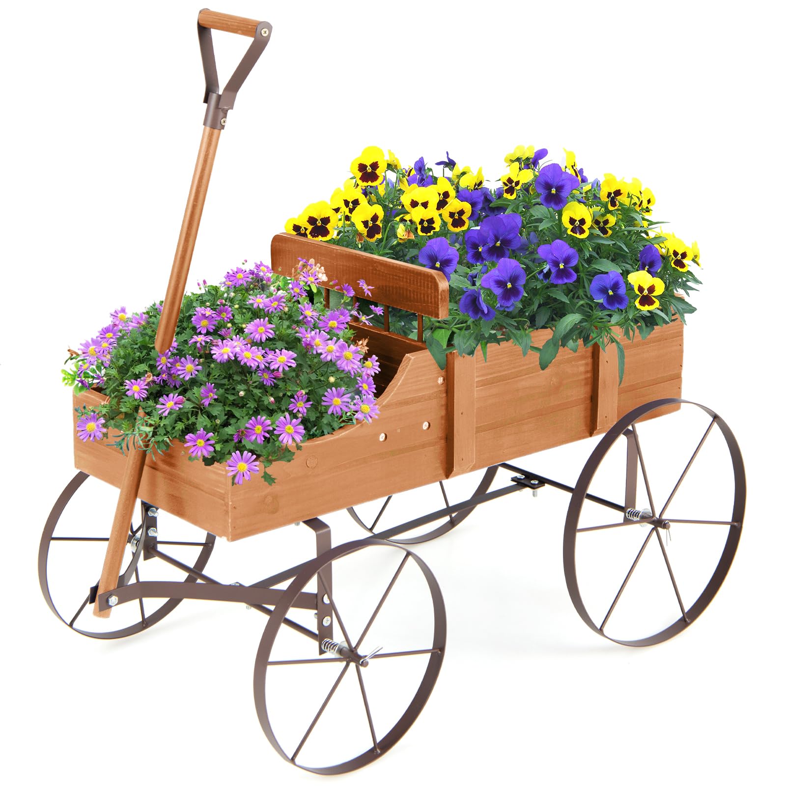 HOMASIS Carro de flores de madera, con 4 ruedas de metal, asa y 2 compartimentos, soporte para flores, carretilla de madera, jardinera, decoración para jardín, balcón, terraza, 62 x 34 x 60 cm