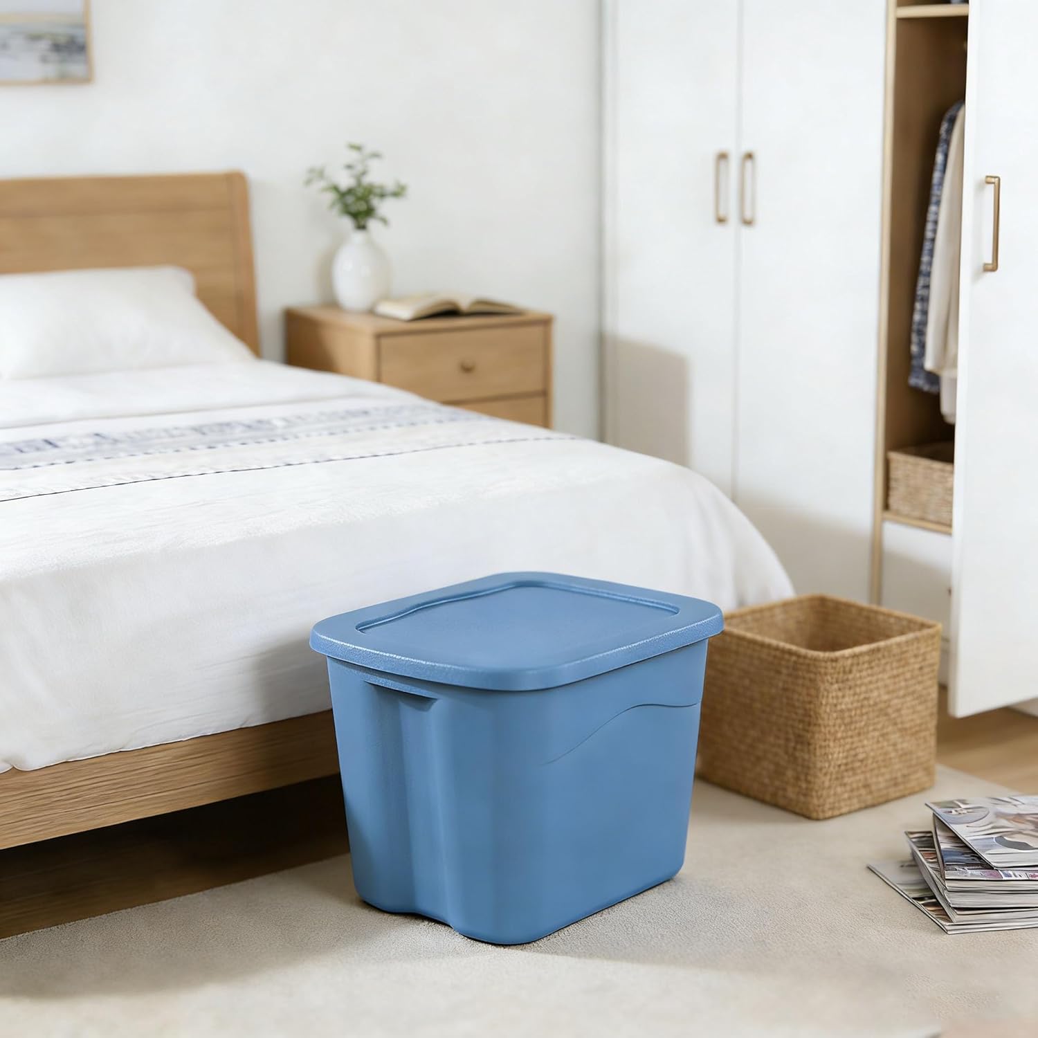 8-Pack 18-Gallon Plastic Storage Bins with Snap Lids & Integrated Handles, Stackable Heavy Duty Organizer Totes for Home, Garage, Basement, Dorm, Camping, Light Blue