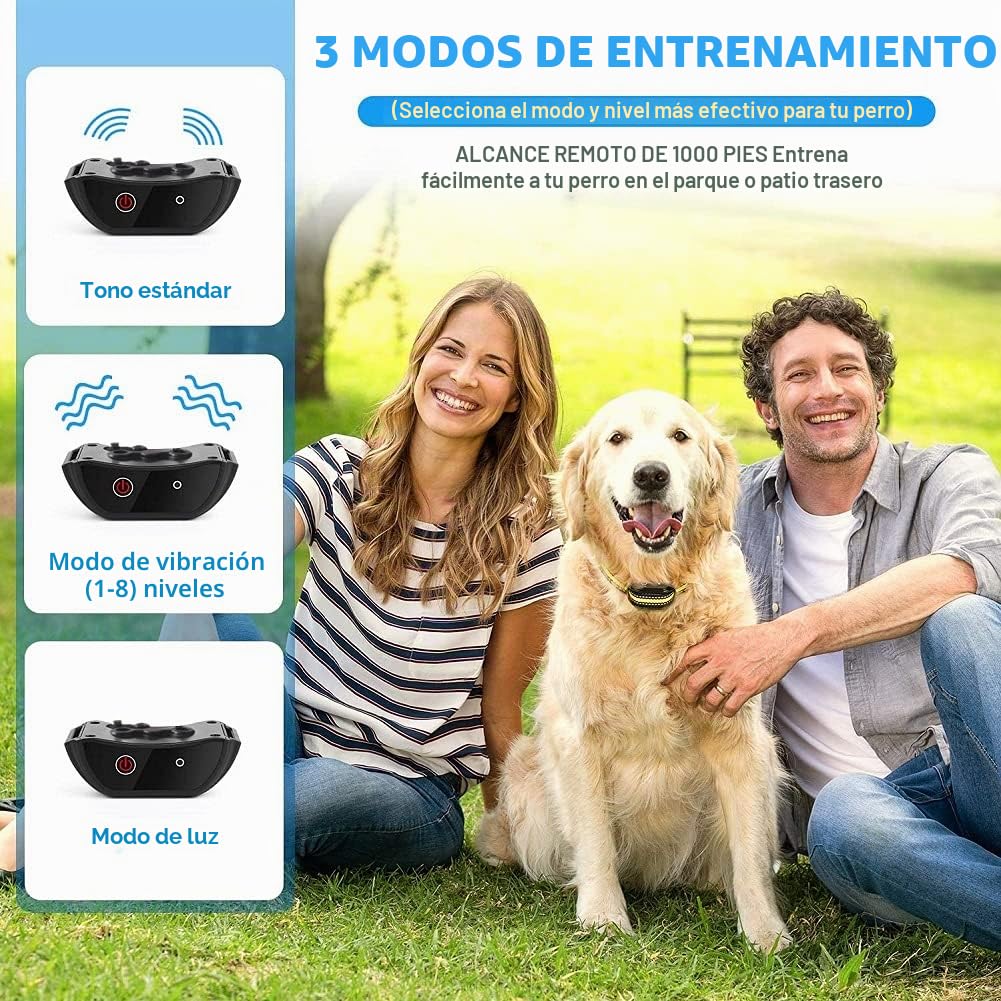 Collar de Adiestramiento para Perros Recargable, Mando Rango de 1000 FT con Modo de Sonido y Vibración, Resistente al Agua IP67 Seguro para Perros Pequeños Medianos y Grandes