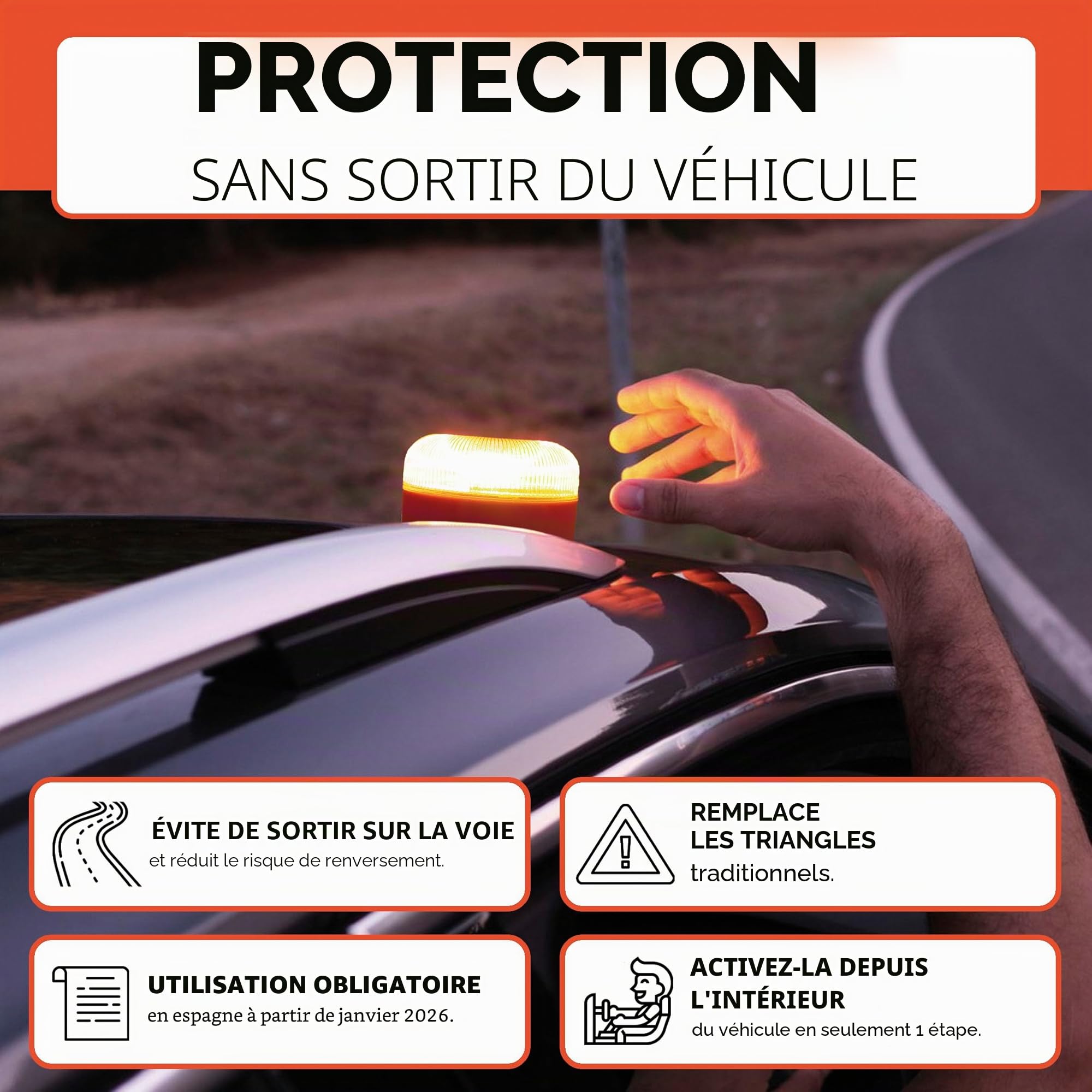 Lampe de secours V16 avec géolocalisation certifiée et connectée à la carte SIM DGT 3.0 Plan de données intégré inclus Base magnétique IP-54 avec sac de rangement inclus