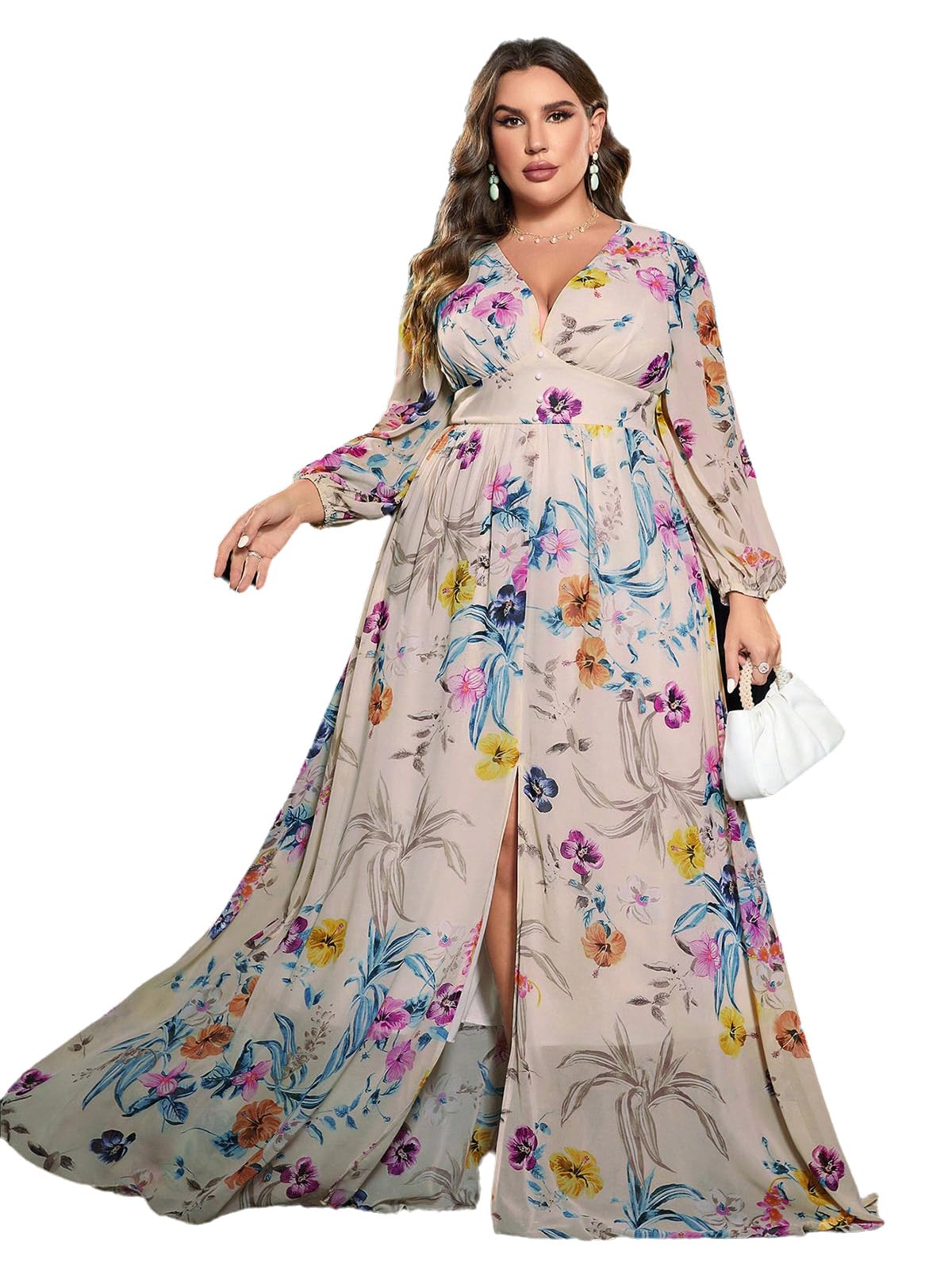 Spring Summer 2024 Plus Size Womens Dresses V Neck Casual Elegant Long Sleeve Floral Print Maxi Dress