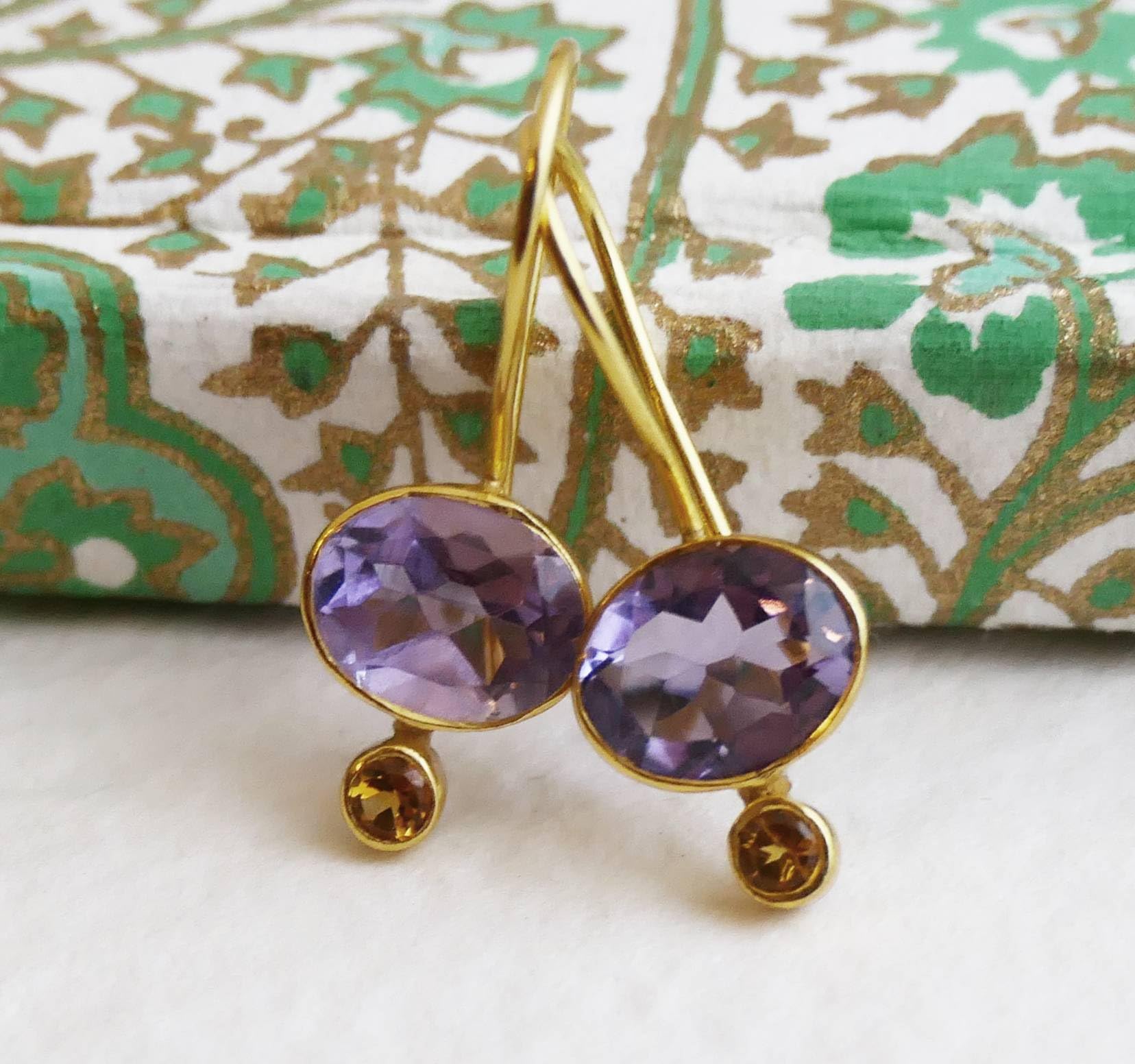 Orecchini Pendenti in Argento Sterling Placcato Oro con Ametista e Citrino - Gioielli Eleganti con Pietre Naturali Viola e Gialle - Stile Raffinato da Donna