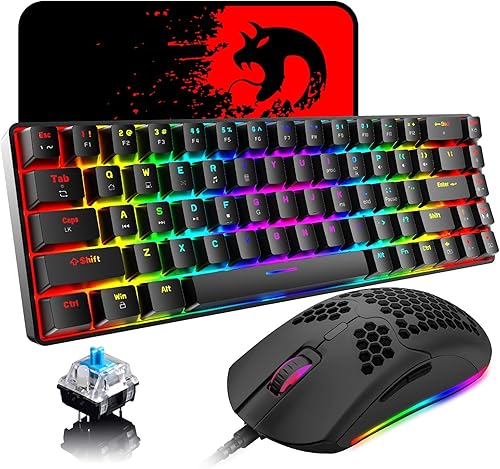 Combo de teclado mecánico y mouse con cable 65% para juegos, mini 68 teclas, retroiluminación RGB, ligero RGB 6400DPI Honeycomb Optical Mouse Pad
