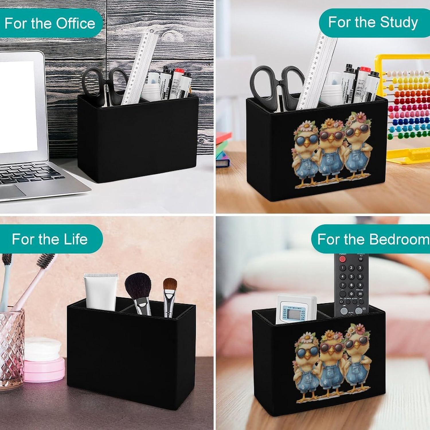 Chicken Mom Lady Pencil Pen Holder PU Leather Desk Storage Organizer Makeup Brush Box