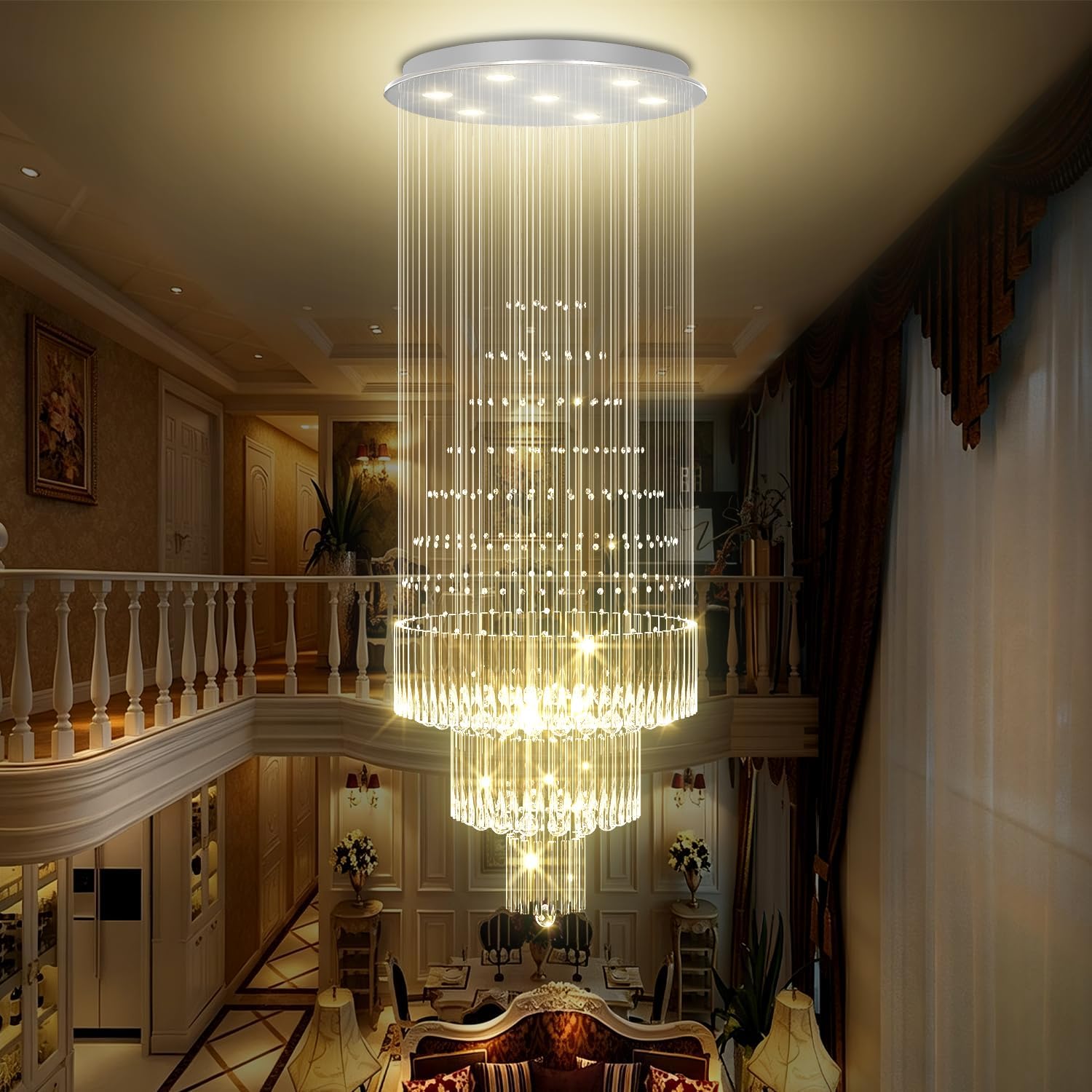Flashing God D24''XH86'' Large Crystal Chandelier Modern Crystal Raindrop Ceiling Light, High Ceiling Chandelier Suitable for Entrance Villas and Foyer
