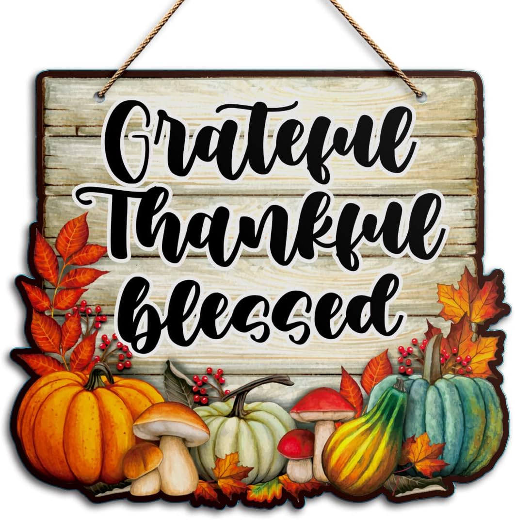 Thanksgiving Wall Decor Sign, Grateful Thankful Blessed, Fall Pumpkin Home Sign for Front Door Porch Decorations Autumn Maple Leaf Farmhouse Thanksgiving Party Wood Hanging Wall Decor Sign Plaque