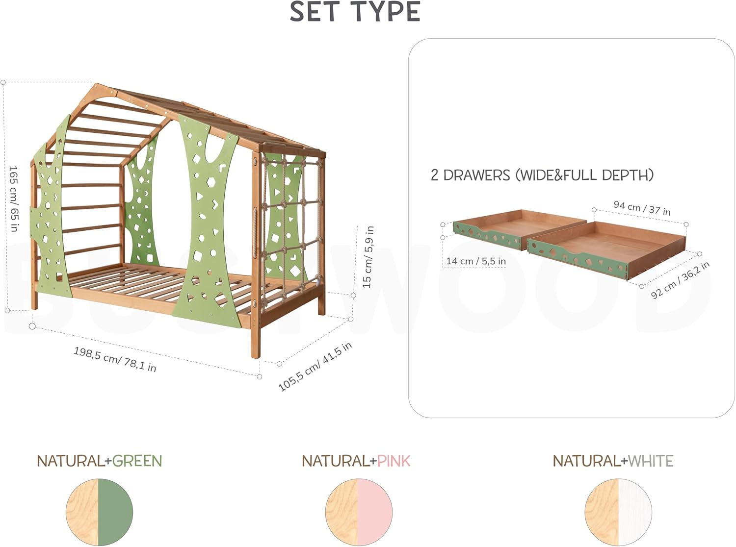 BUSY WOOD Toddler Bed with Drawers - Twin Bed Frame with Storage - Indoor Playground Bed - Montessori Bed - Jungle Gym - Montessori Bed for Toddlers - Monkey Bed with 2 Drawers (Wide&Full Depth)