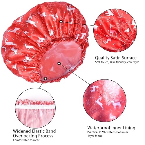 Vista 59 de Gorros de ducha para mujer, 4 gorras de baño elásticas y reutilizables, doble capa impermeable, gorras de ducha de baño, sombrero de baño