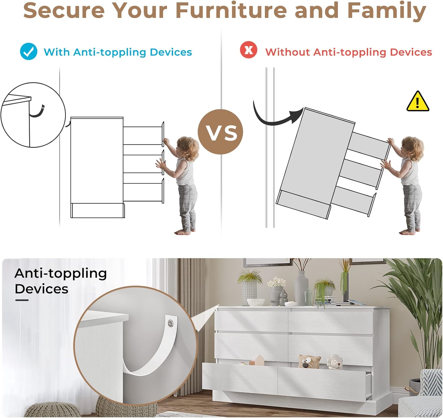 EPHEX 6 Drawer Dresser, Black Chest of Drawers, Storage Tower Clothes Organizer Closet, Double Dresser for Bedroom, Living Room, Entryway, 51.6''H x 15.7''W x 29.3''H White