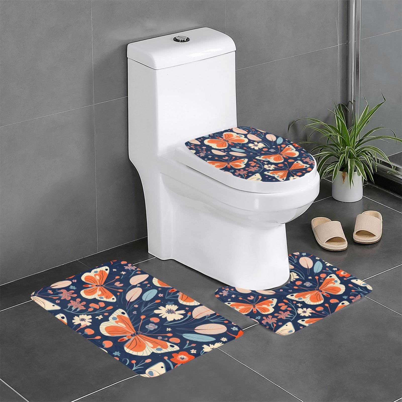 Tapis de salle de bain antidérapants lot de 3 pièces imprimé fleuri antichute