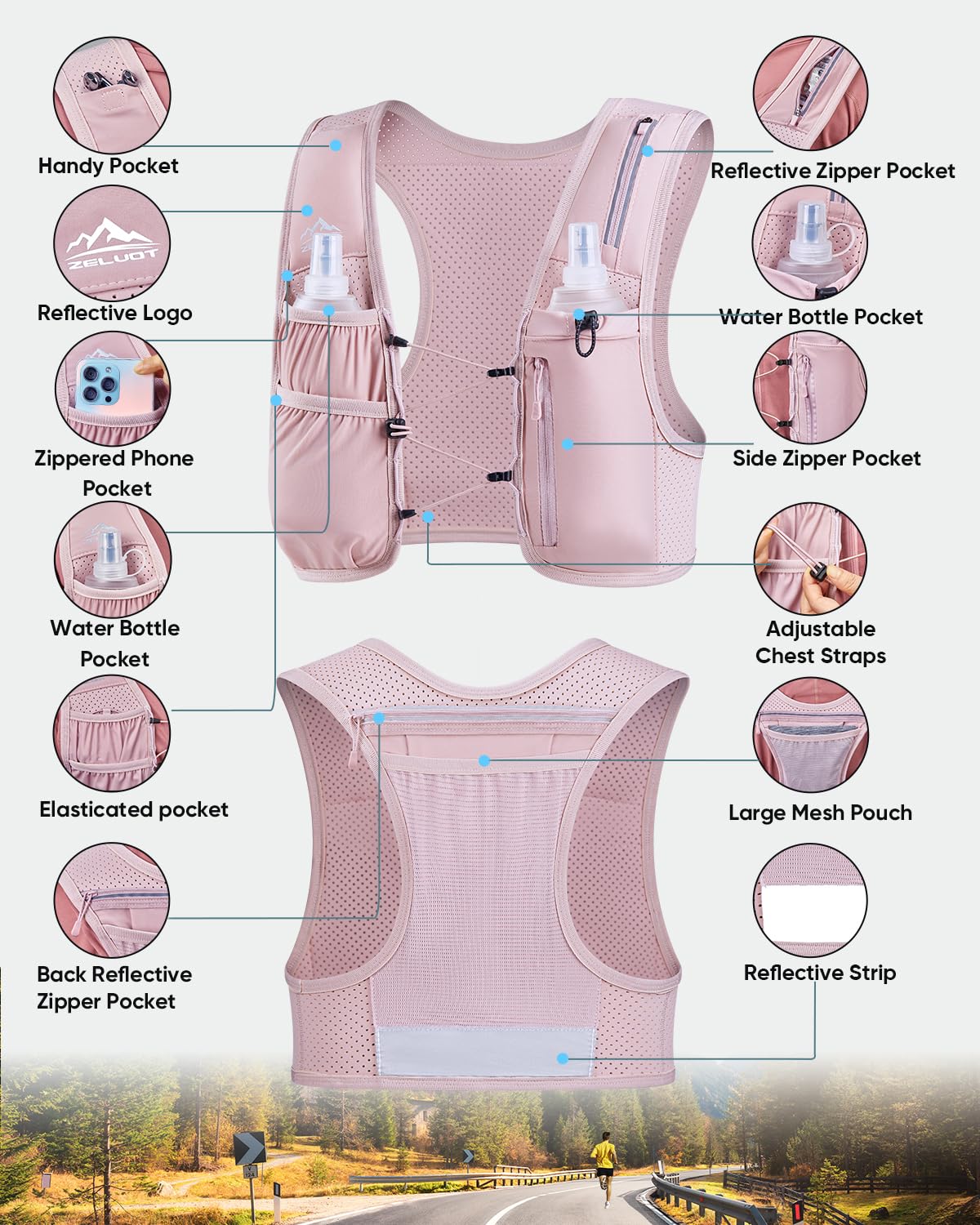 Zelvot Laufweste für Damen und Herren, USA-Patent, verstellbare Brustgurte, Lauf-Trinkweste mit 500 ml weicher Flasche, leichter reflektierender Trinkrucksack für Wandern, Marathon (Rosa, M/L)