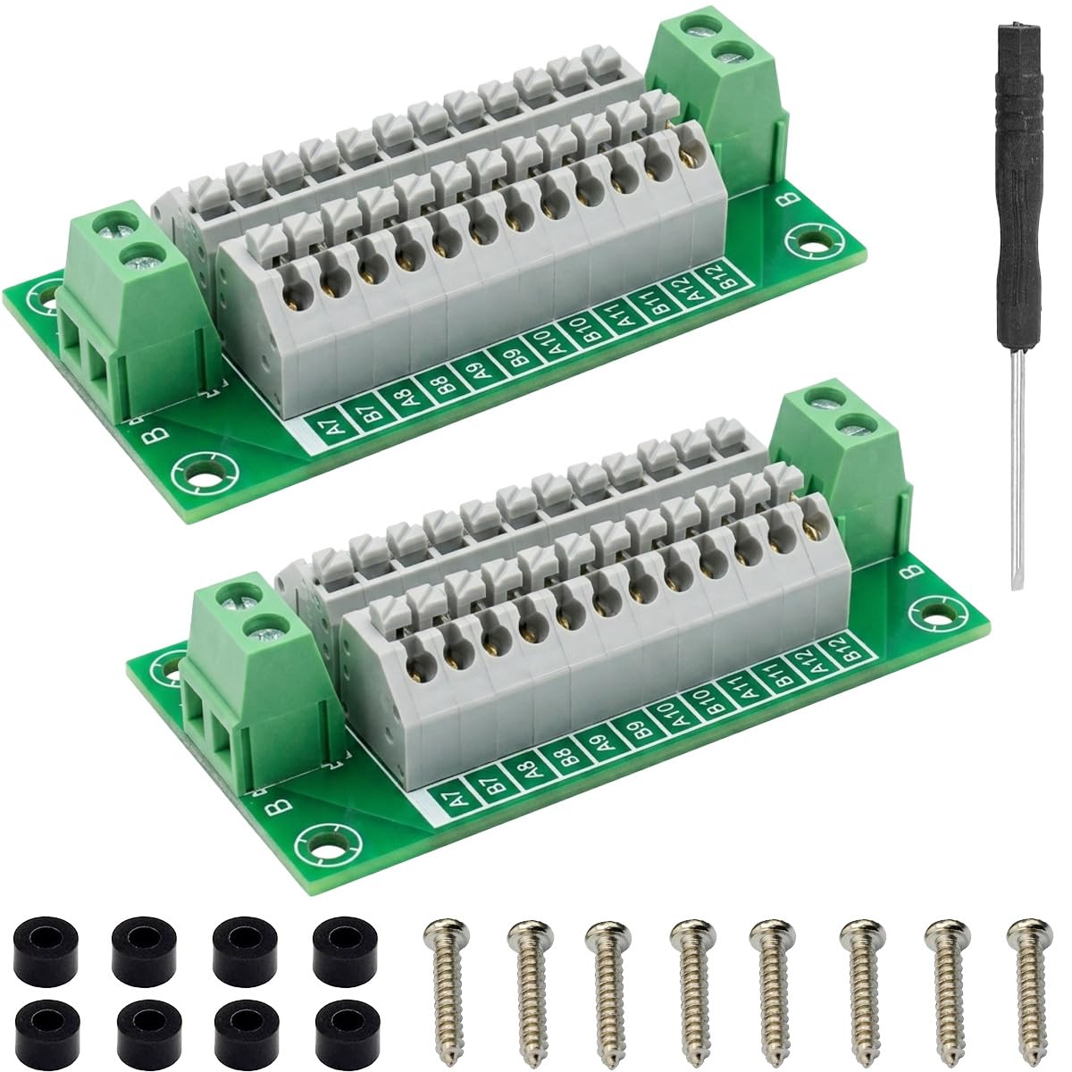 Youmile 2 pcs Power Distribution Board 2x12 Position Terminal AC/DC 300V 8A AWG 16-22 Dual-channel Input with Screwdriver Screw Nylon Spacer for DIY Electronic Circuits