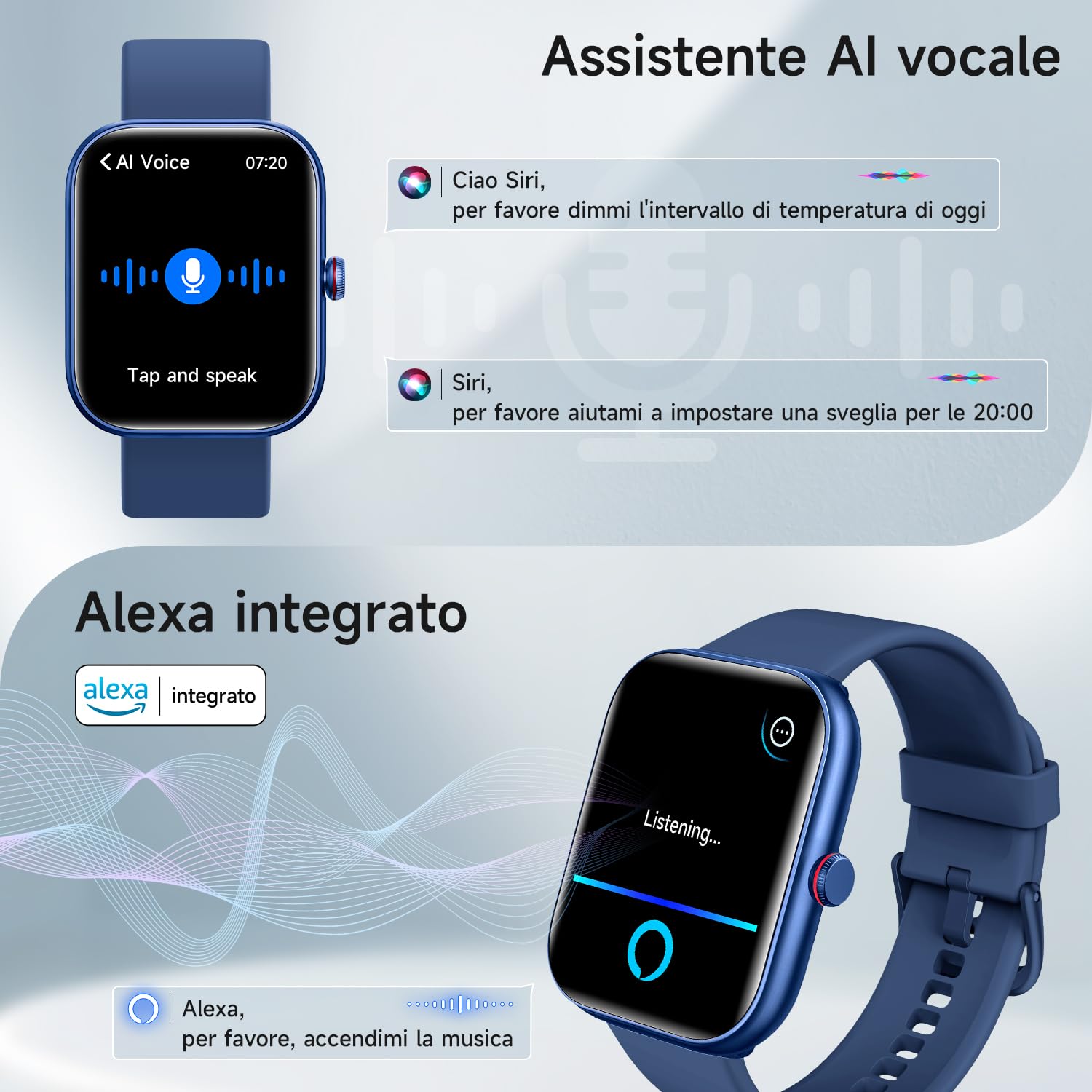 WMK Smartwatch Uomo Orologio Fitness con Rispondere effettuare Chiamate Cardiofrequenzimetro Sonno Alexa SpO2 Contapassi-IP68 Smart watch donna con 110+ Sportive Giochi per iOS Android(Blu)