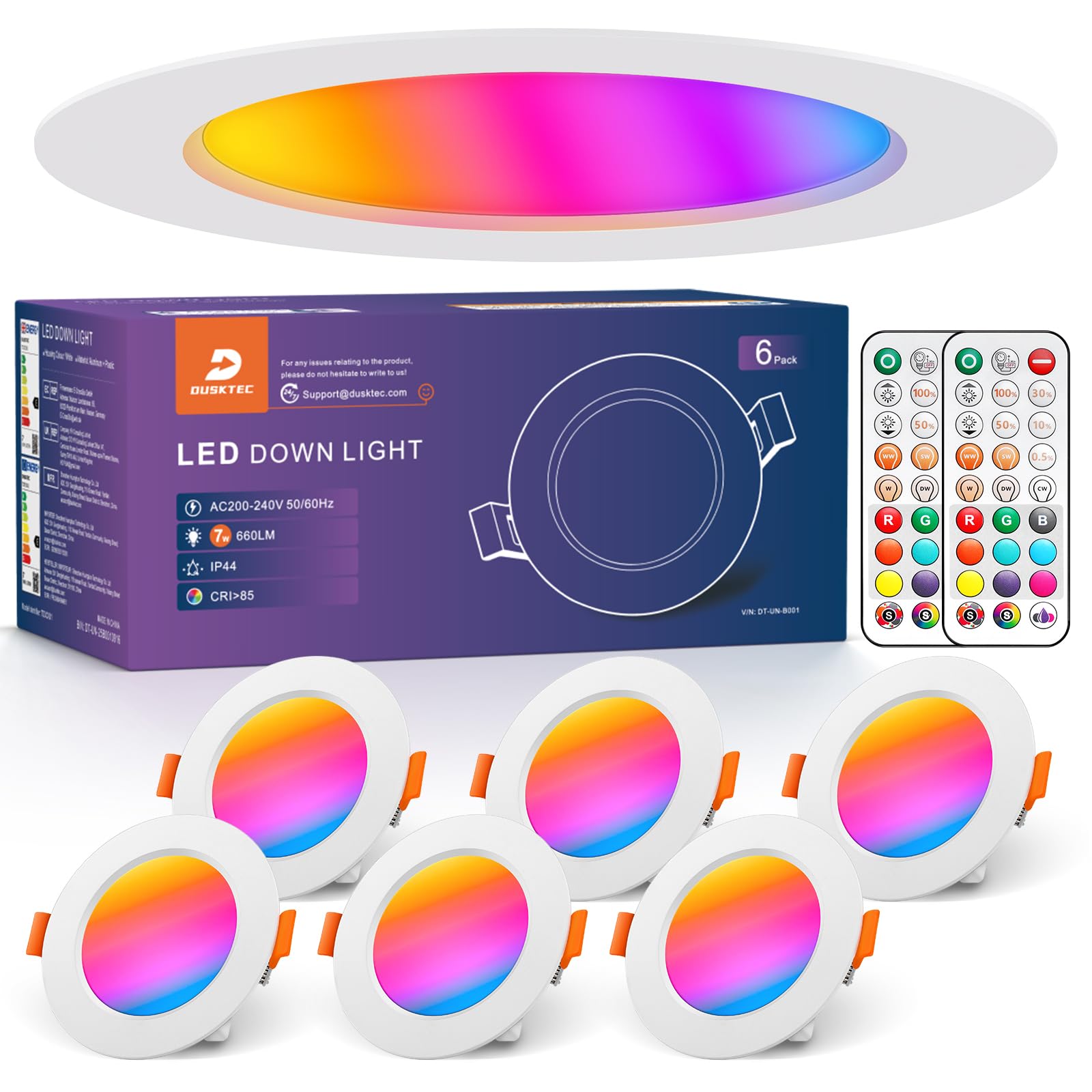 DUSKTEC LED Downlights for Ceiling, RGB Spot Light with Remote Control, 7W Warm White to Cool White Recessed Ceiling Lights Dimmable, IP44 Colour Changing Spotlights for Bathroom Kitchen Living Room
