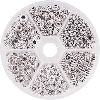 PH PandaHall, Approximately 216 Pieces, 6 Types of Metal Beads, Antique Silver Color, Alloy, Spacer Beads, Chrysanthemum Seats, Flower Seats, Washers, Charms, Tibetan Style, Jewelry Making, Accessory