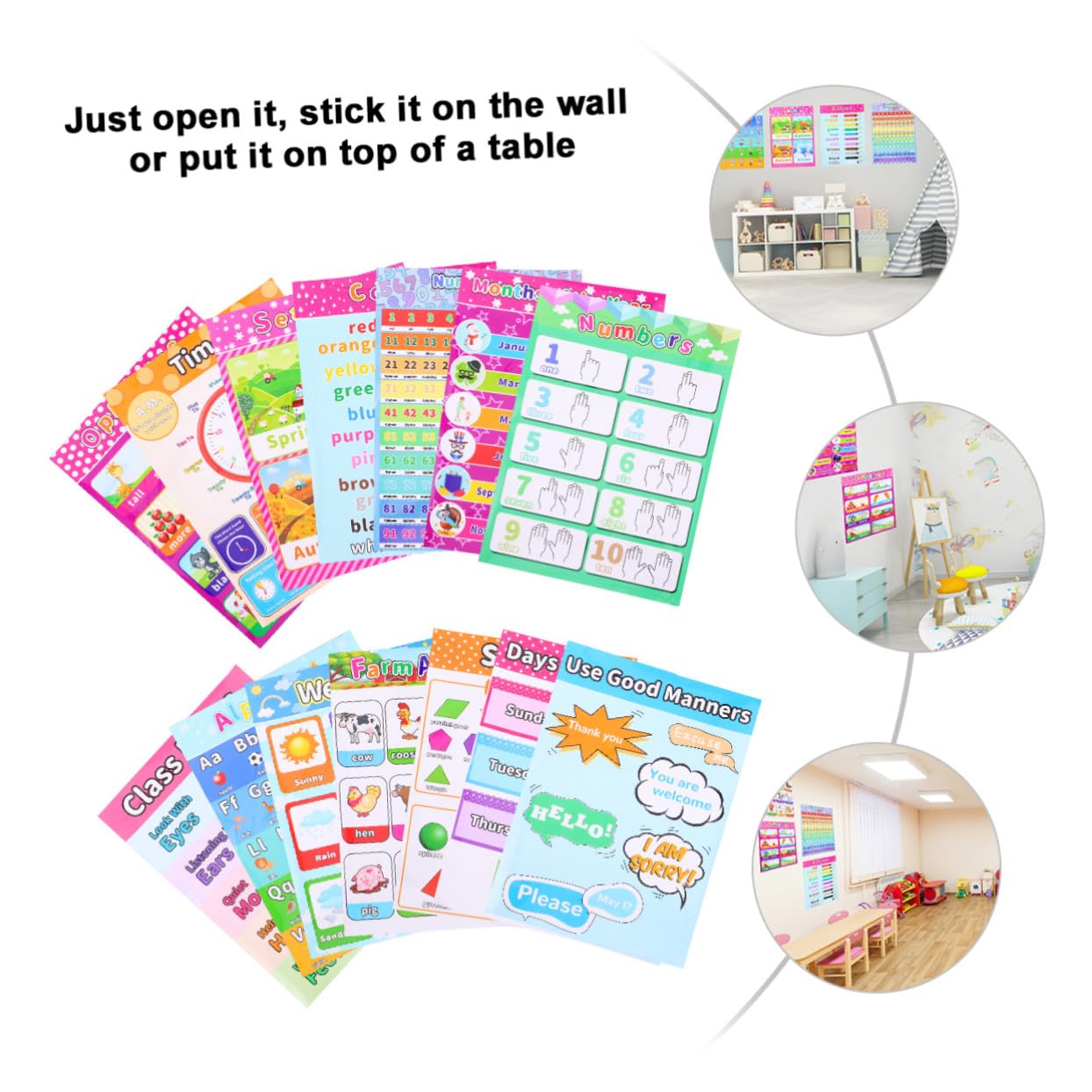 FUNOMOCYA 14 pièces Posters Éducatifs Autocollants pour Garçon Fille Affiches Murales Apprentissage Précoce Anglais Éducatives et Colorées pour Chambre et Classe