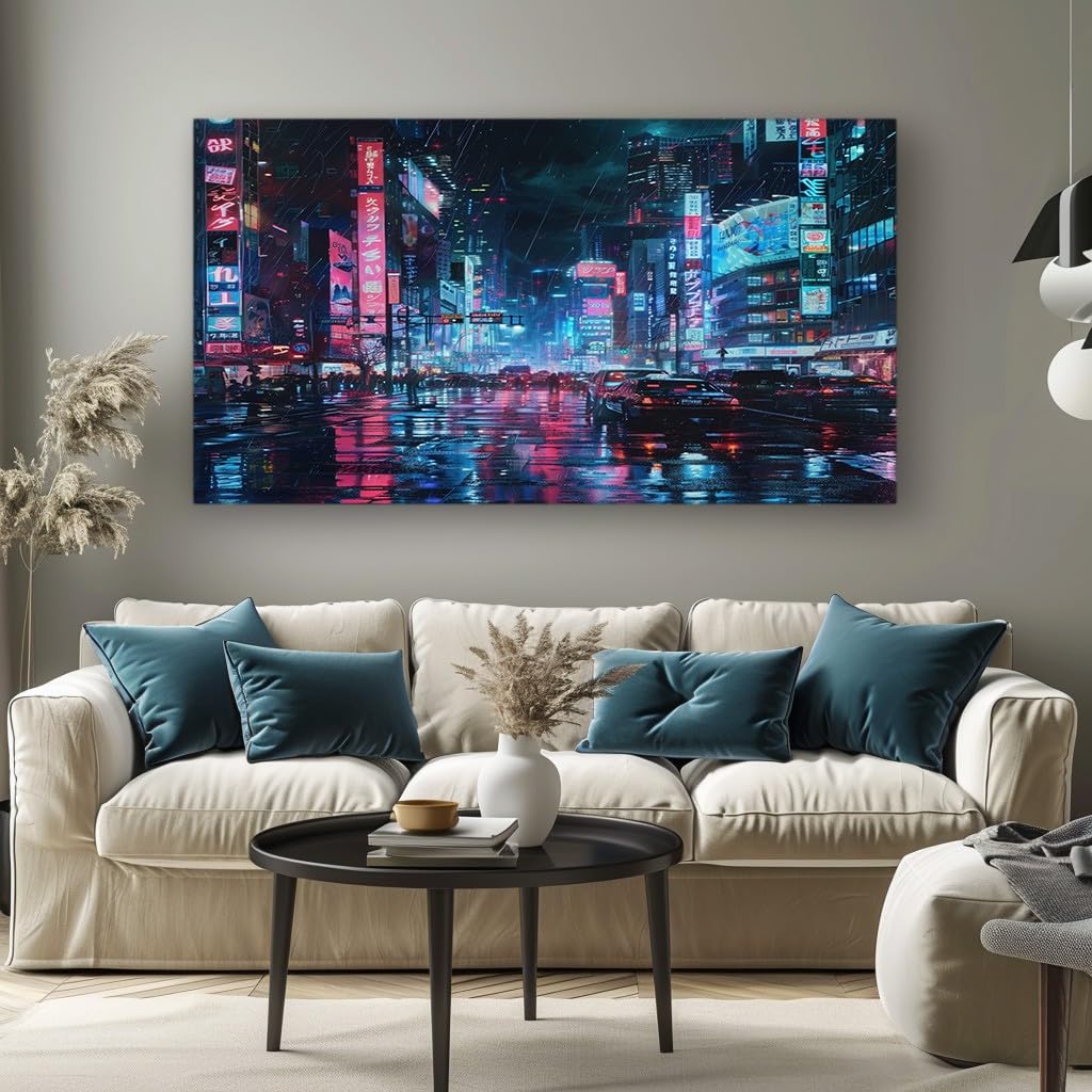 MKBKLI Abstract Canvas Wall Art for Living Room Cyberpunk City Paintings for Bedroom, Office, Kitchen - Home Decor Pictures, 80x160cm