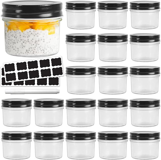 4 oz Mason Jars with Black Lids,20 Pack Glass Canning Jars 100ml Small Kitchen Storage Jar for Jams,Fruits,Jellies,Baby Foods or Handmade desserts