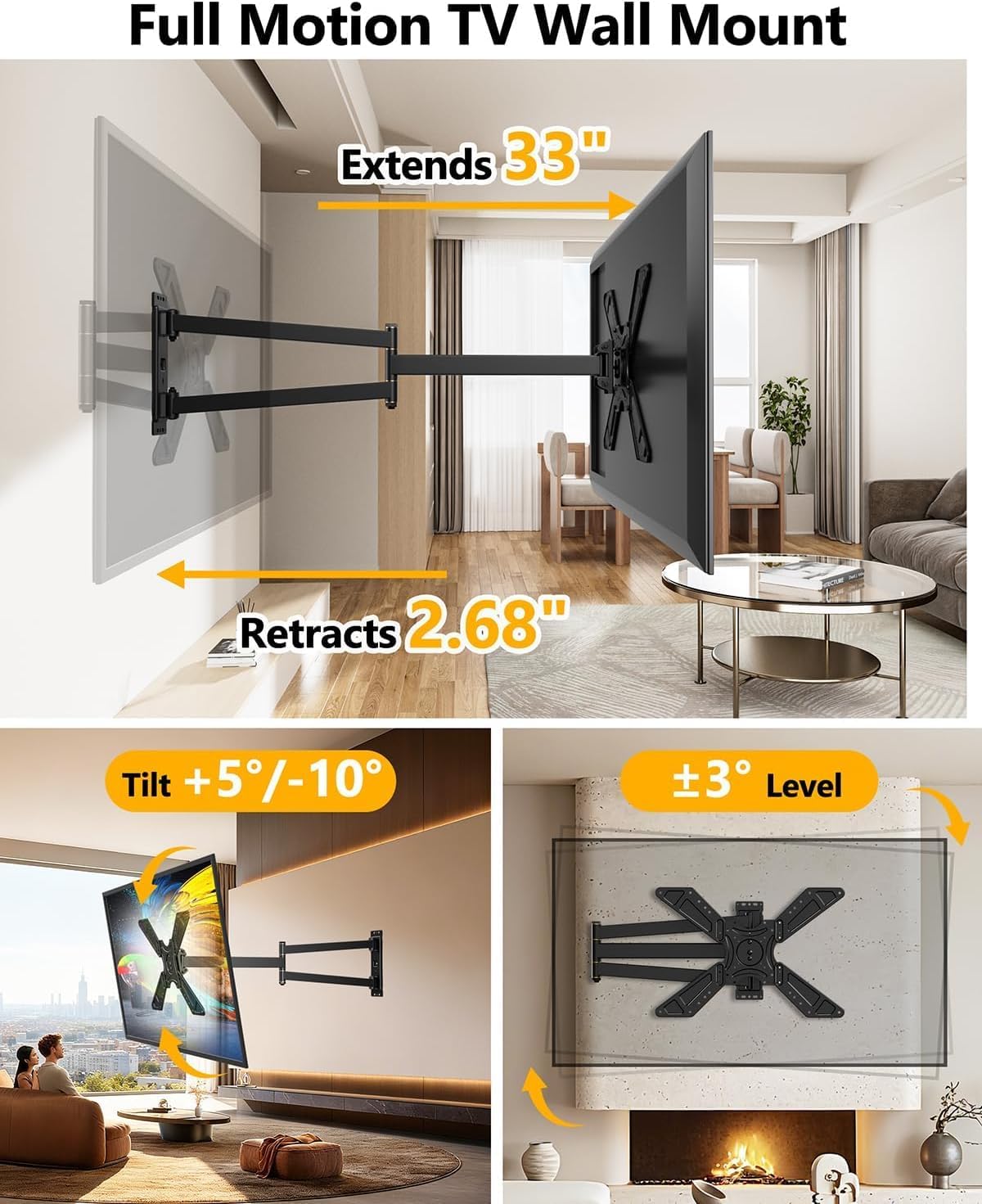Image demonstrating the TV mount extending 33 inches from the wall and retracting to 2.68 inches, along with tilt and level adjustment features.
