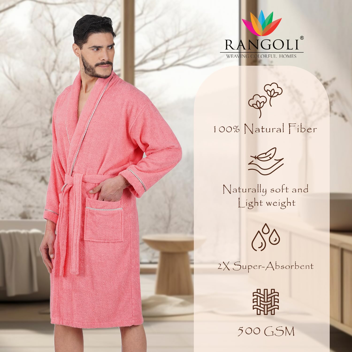 Rangoli Sunshine 100% Cotton Bathrobes For Men - Coral | 500 GSM Ultra-soft & Lightweight Bath Robe With Rope | Highly Absorbent Luxurious Bath Gown Robe For Man | After Bath Robe - Free Size - Image 2 thumbnail
