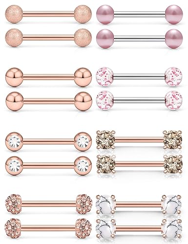 SCERRING 14G Nipple Rings Stainless Steel Nipplerings Tongue Straight Barbell Rings Body Piercing Jewelry for Women Men 9/16Inch 8 Pairs - 8 Pairs - Rose Gold