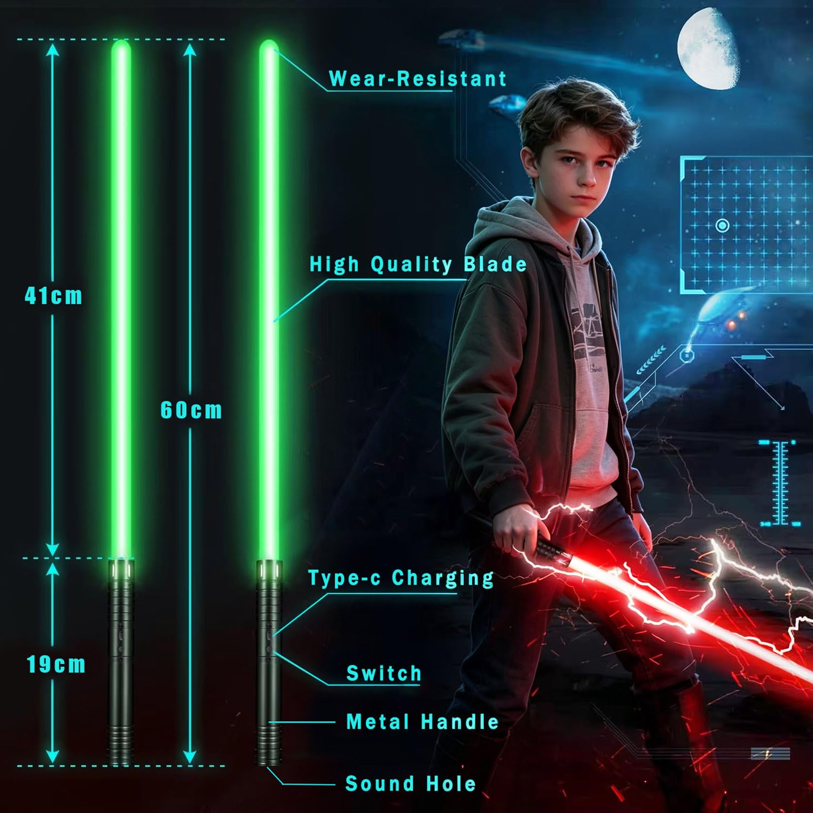 Laserschwert Kinder, 2-in-1 Lichtschwert mit 15 Farben, Duell Lightsaber mit 4 Modi und Sounds, USB-C Aufladbar Lichtschwerter, FX Laserschwert für Kinder Party, Geschenk, Cosplay (schwarz 2pc)