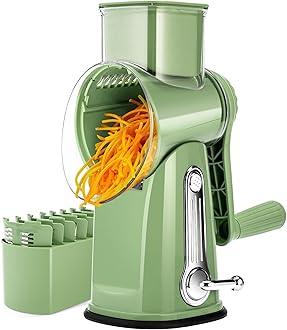SUSTEAS Rotary Cheese Grater with Handle - Food Shredder with 5 Well-designed Blades & Strong Suction Base,Round Mandoline Slicer & Vegetable Grater for Kitchen,1 Bonus Blade Storage Box(Retro Green)