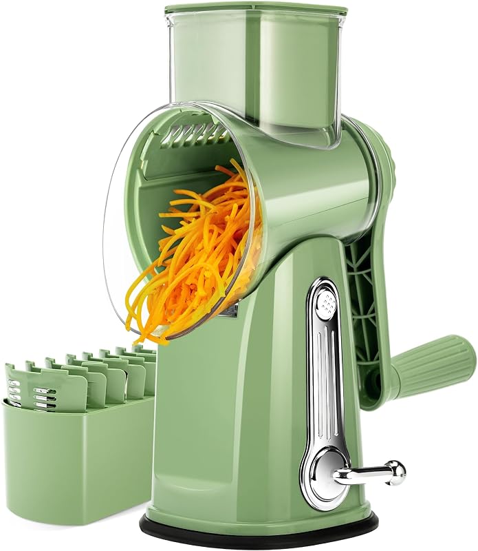 Rotary Cheese Grater 5 Blades,Kitchen Mandoline Vegetable Slicer | Easy to Clean,Strong Suction Base,Blades Storage Box,Round Mandoline Slicer&Food Chopper for Vegetable,Salad,Nut,Retro Green