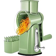 SUSTEAS Rotary Cheese Grater with Handle - Vegetable Shredder with 5 Well-designed Blades &amp; Strong Suction Base,Round Mandoline Slicer &amp; Food Chopper for Kitchen,with Blade Storage Box(Retro Green)
