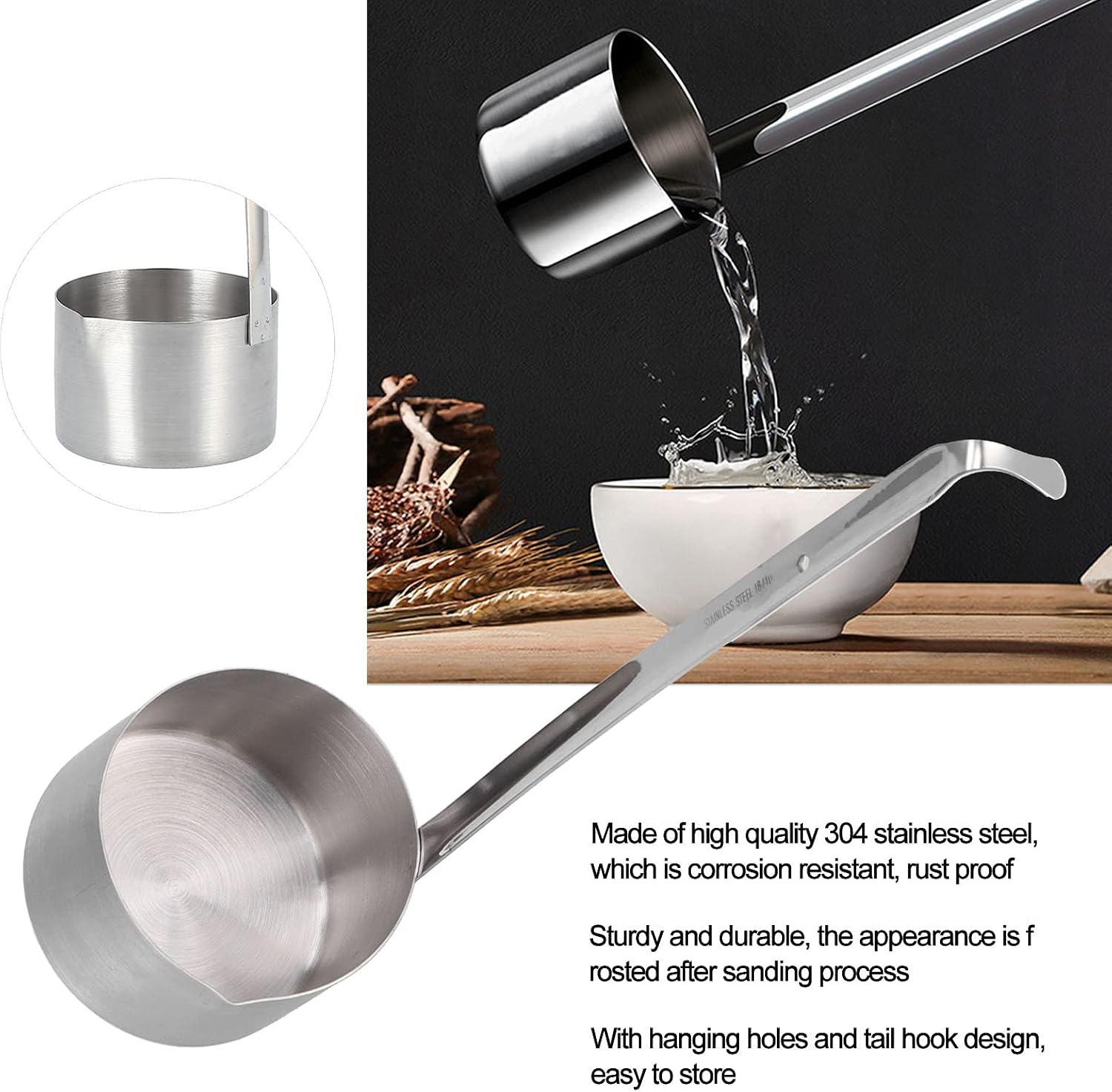 Oil Measuring Ladle, Stainless Steel Wine Long Handle Spoon, Oil Ladle with Hook for Home Wire Beer Oil Measuring (304 wine extract 500ML)