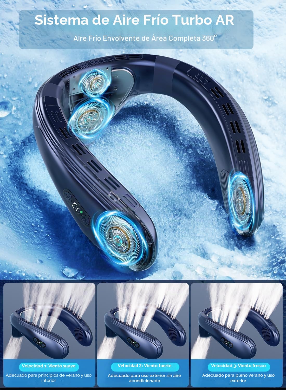 Aire acondicionado de cuello portátil, ventilador de cuello 2 en 1 para exterior/oficina/viaje (azul oscuro, K019)