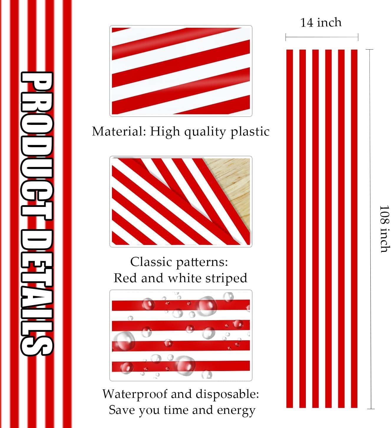 6 Pcs Striped Table Runner Plastic 14 x 108 Inch Red and White Stripe Table Runner for Party Wedding Birthday Baby Shower Christmas Table Centerpiece Decorations Disposable Runners Plastic
