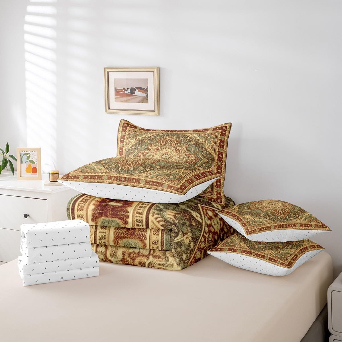 Vintage Bed in a Bag Terracotta Art Deco Bedding Set, Retro Bohemian Queen Comforter Set 7pcs Oriental Medallion Bedding Comforter Sets, Tribal Paisley Bed Sheets Set Women Girls Aesthetic Room Decor