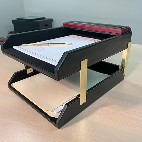 Miniatura 5 de Dacasso Juego de accesorios de escritorio de 10 piezas de palisandro y cuero negro, elementos esenciales de organización con almohadilla de