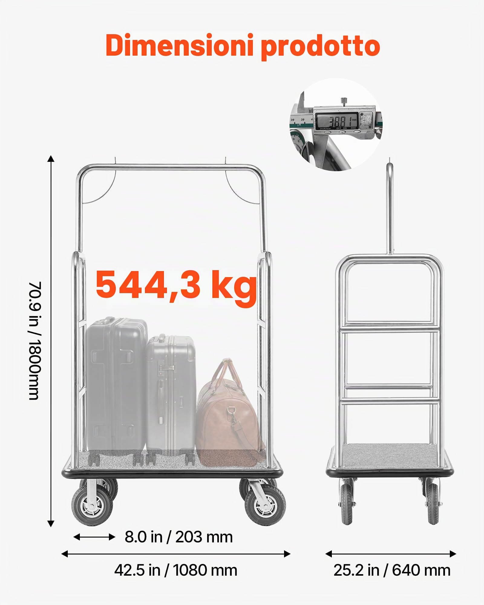 VEVOR Carrello Portavaligie per Hotel, Capacità di Carico di 544 kg Carrello Trasporto Portavaligie con Ponte in Moquette Grigia e Ruote in Gomma da 203,2 mm per Hotel, Condomini, Resort, Argento